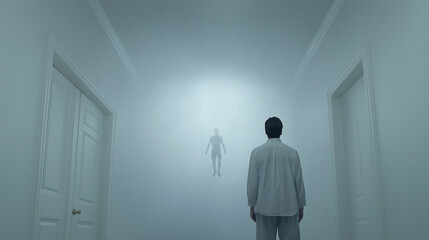 Obraz premium Navigating the Ethereal Corridor: A solitary figure stands in a stark hallway, their gaze fixed upon an apparition, enveloped in an otherworldly mist, prompting an emotional reaction in the observer.