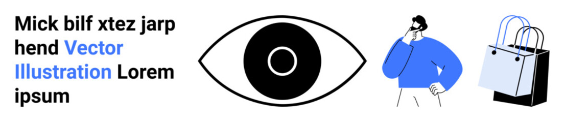 Central eye graphic with a thinking man in blue and shopping bags. Ideal for shopping, branding, marketing, awareness, decision-making, fashion, product design, flat landing page banner