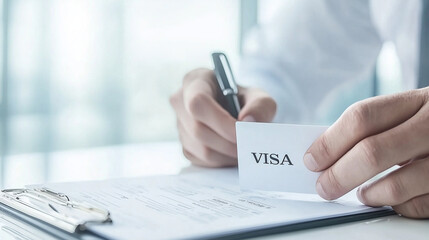 Visa Application Process: A close-up shot of hands holding a visa card and a pen, meticulously filling out documents, symbolizing the journey and procedures of international travel. 