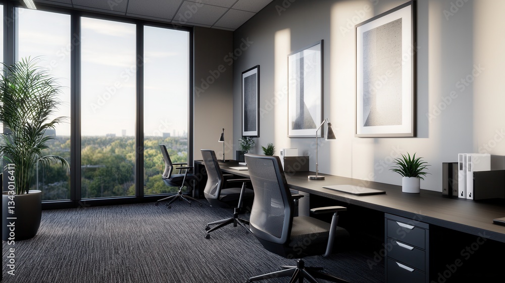 Poster modern office workspace with natural light and view of greenery from large windows