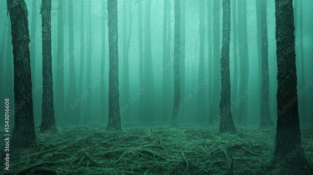 Poster mystical forest scene: an enchanting view into a mysterious forest, where the dense fog and the filt