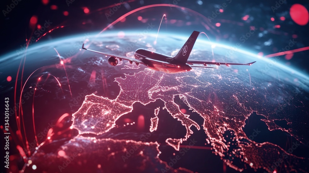 Poster a real-time ai-powered global air transportation map displaying smart flight routes and efficiency m