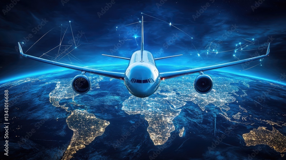 Poster a real-time ai-powered global air transportation map displaying smart flight routes and efficiency m