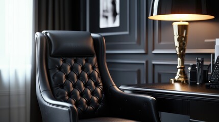 Luxurious Black Leather Office Chair, Dark Study, Interior Design, Digital Render