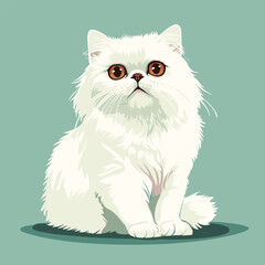 Fototapeta premium Cute white color Persian cat, flat illustration style, simple design, vector graphic, pastel-colored background, simple lines, white fur with brown eyes, sitting posture, full-body portrait. 