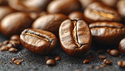Obraz premium Roasted coffee beans close-up, dark background, coffee grounds, food photography