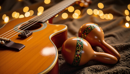 Musical instruments with maracas and guitar on a soft background  