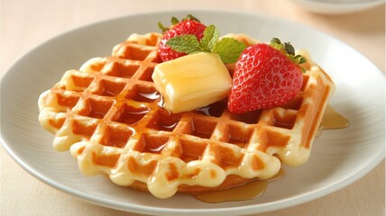 Golden Waffles with Strawberries and Honey Syrup