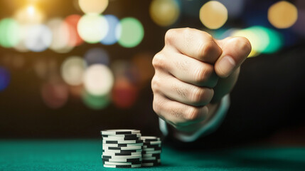 Naklejka premium A Hand of Triumph: A hand clenches a fist in triumph next to stack of chips, evoking a feeling of victory, betting, risk, and the thrill of the game