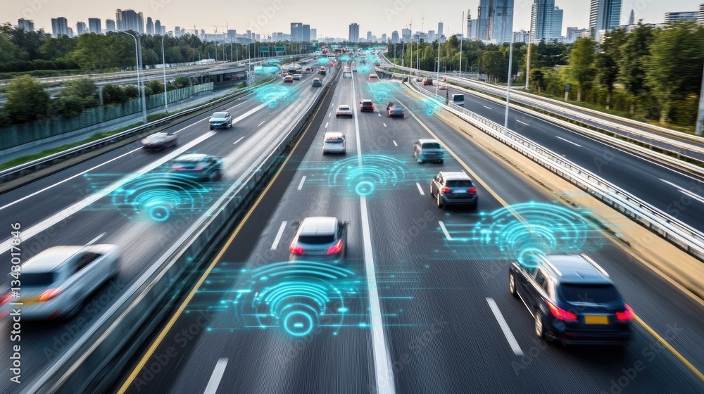 Poster a real-time traffic management system monitoring an interconnected network of highways, smart roads,