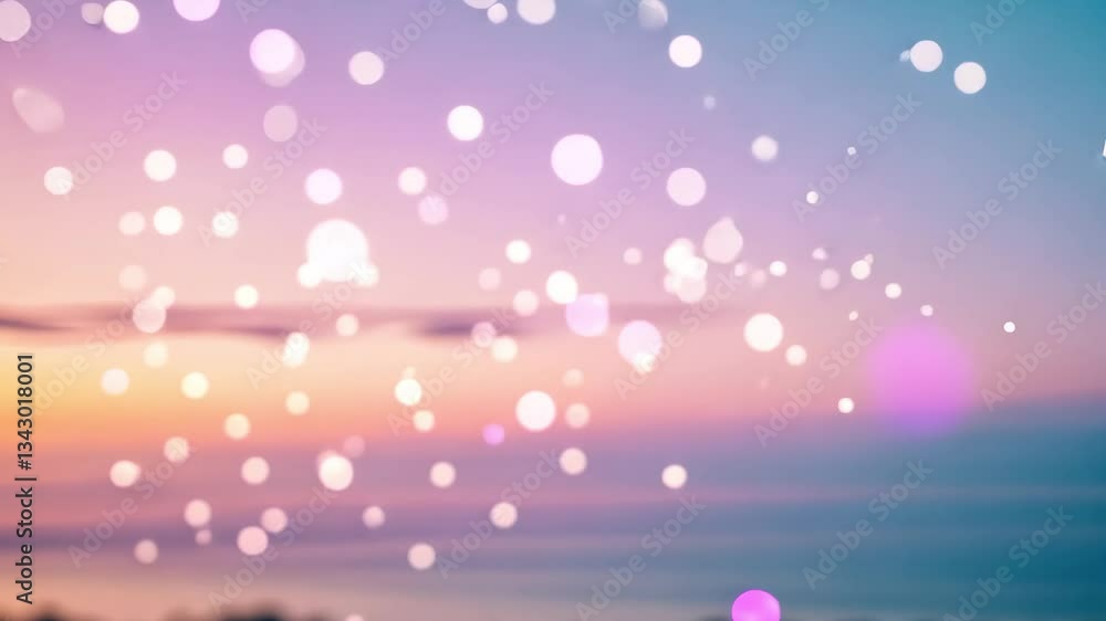 Poster dreamy bokeh lights floating over a soft gradient sunset sky with pinks blues and oranges hues view
