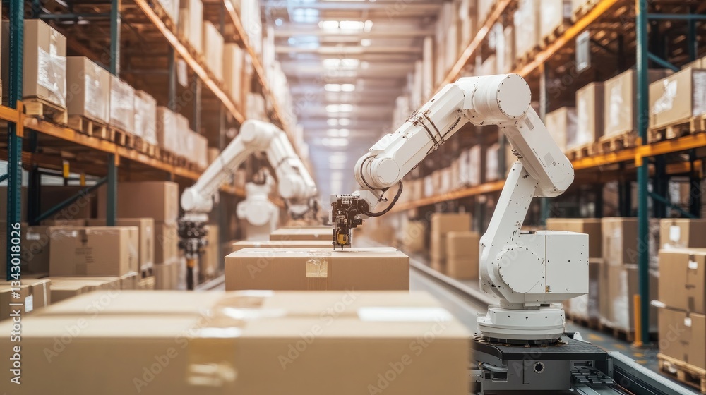 Aufkleber a robotic assembly line managing freight container movements at a high-tech distribution center.