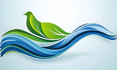 Stylized green bird gracefully gliding over flowing blue waves, symbolizing nature and tranquility
