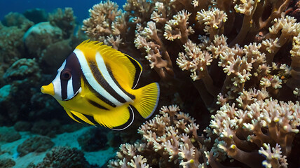 Fototapeta premium Swimming Yellow Longnose Butterflyfish Near Coral Reef in the Ocean