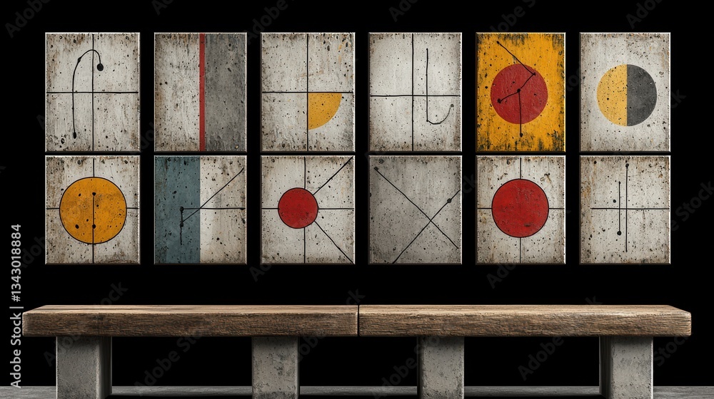 Poster modern art wall display with geometric shapes and textured background in contemporary setting