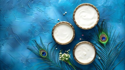  Krishna Symbolism with Peacock Feather and Milk on Blue Textured Background