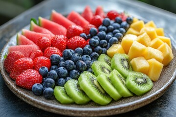 Variety of fresh colorful fruits on plate. Healthy eating with watermelon strawberries blueberries kiwi and mango. Selective focus. Close up.