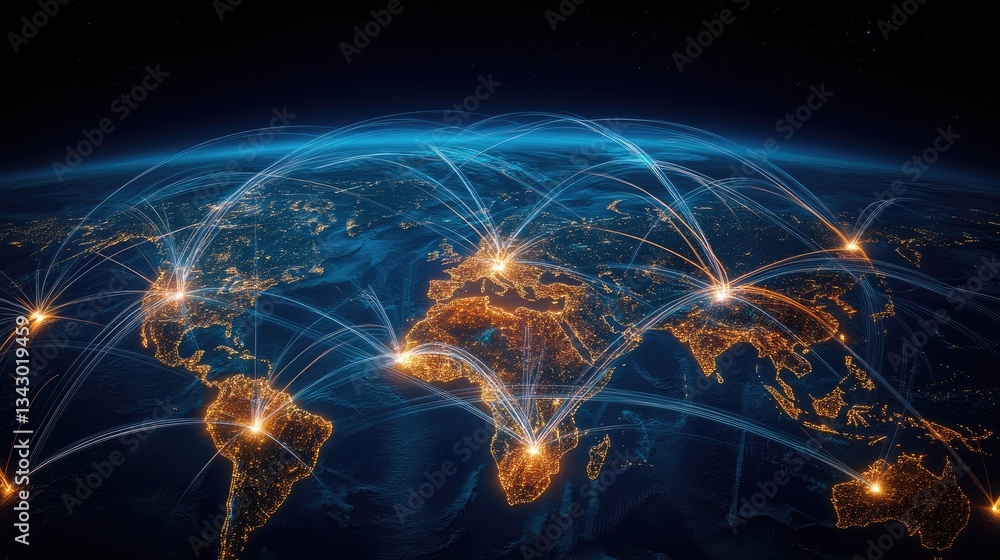 Poster a satellite visualization of global transportation routes, showing interconnected trade and logistic