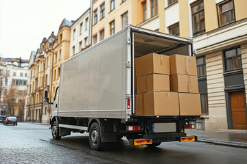 White truck carrying brown cardboard boxes on wet city street. Delivery vehicle with open back parked near buildings. Transportation of goods in urban area.