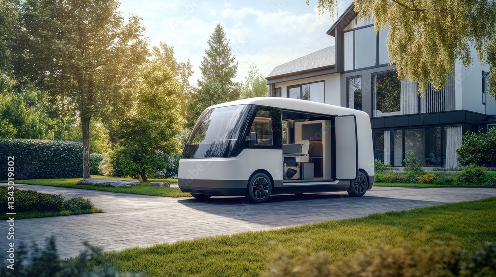 Poster a self-driving delivery van equipped with ai-powered logistics tracking, real-time navigation, and a