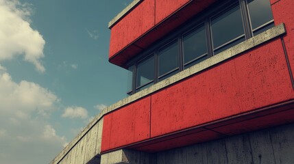 Modern Architectural Building with Red Facade and Concrete Structure Against Blue Sky