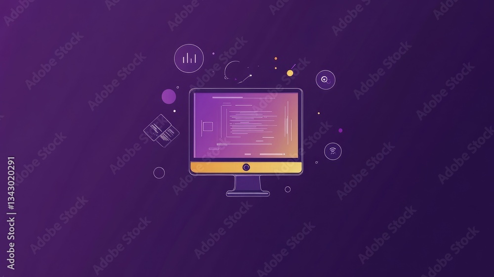 Poster a sleek and professional tech startup logo with a floating computer monitor and abstract shapes.