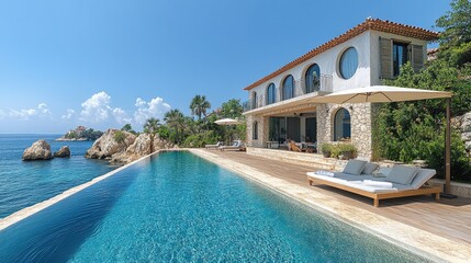 A contemporary villa with a poolside offering a spectacular sea view, shaded by umbrellas and featuring inviting sun beds that capture the essence of relaxation.