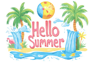 A colorful illustration of the words quick Hello Summer surrounded by palm trees a flamingo a beach ball and a life preserver on a beach with water. 