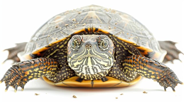 Large turtle isolated on a white background showcasing its distinctive shell and features