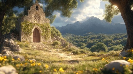 Fototapeta premium Rustic stone chapel nestled in a sun-drenched mountain valley. Lush greenery surrounds the ancient stone structure