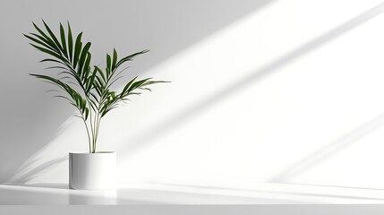 A minimalist indoor scene featuring a potted plant and soft shadows on a white wall.