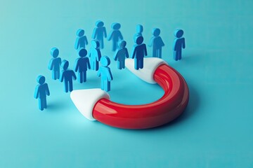 Red magnet attracting blue figures on blue background.