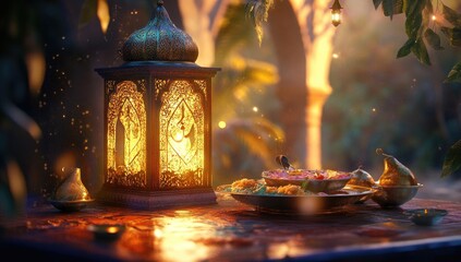 Ornate lantern, warm glow, festive scene