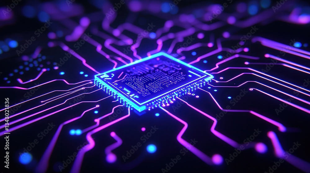 Aufkleber abstract digital circuit board with neon colors and microchip technology background