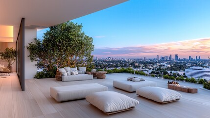 Fototapeta premium Modern outdoor living area with panoramic city view at sunset, spacious and stylish design