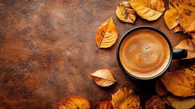 A warm, earthy autumn background, adorned with the golden hues of fallen leaves and the rich aroma of freshly brewed coffee, creating a cozy and inviting ambiance.