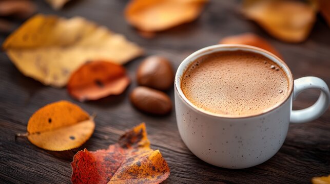 A warm, earthy autumn background, adorned with the golden hues of fallen leaves and the rich aroma of freshly brewed coffee, creating a cozy and inviting ambiance.