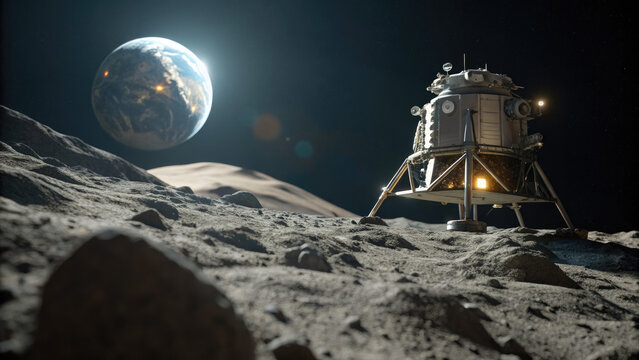 Futuristic moon lander on rocky lunar surface with Earth visible in dark sky, space exploration and lunar mission concept.