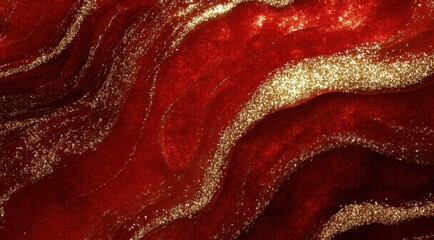 An abstract red and gold wave pattern with glitter.