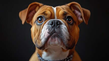 Obraz premium A stylish bandana sporting a determined bulldog, set against a rugged urban backdrop with dramatic lighting highlighting its focused expression.