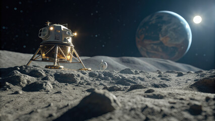 Obraz premium Futuristic moon lander on rocky lunar surface with Earth visible in dark sky, space exploration and lunar mission concept.
