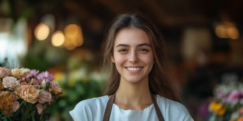 Smiling young woman with long hair stands among colorful flowers in a vibrant market setting, showcasing her passion for floral arrangements and customer service