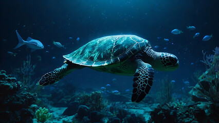 Fototapeta premium Sea Turtle Swimming Underwater with Coral Reef and Fish Around