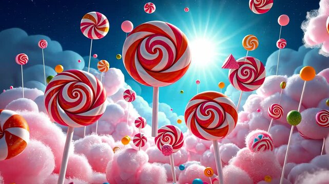 Enchanted Candy Land: A whimsical digital art depicting a surreal landscape filled with giant lollipops, cotton candy clouds, and floating sweets under a bright sun.