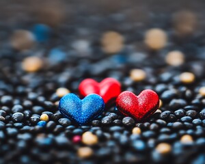 Obraz premium Glitter hearts on black stones, blurred background, love theme