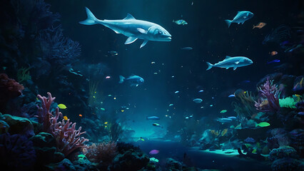 Underwater Scene with Fish Swimming in Coral Reef and Ocean Light