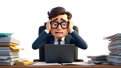 3D cartoon man sits at a desk, overwhelmed by paperwork flying around him. clutches his head, Headache, looking stressed. work stress