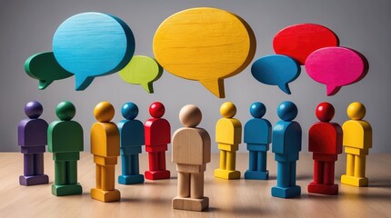 Colorful wooden figures stand beneath vibrant speech bubbles, depicting communication and diverse perspectives within a meeting or discussion scenario.