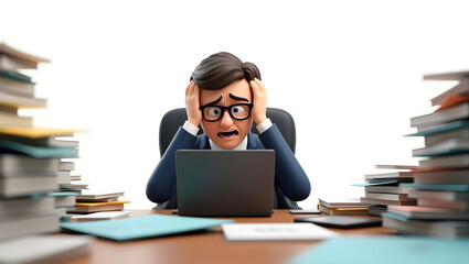 3D cartoon businessman sits at a desk, overwhelmed by paperwork flying around him. clutches his head, Headache, looking stressed. work stress