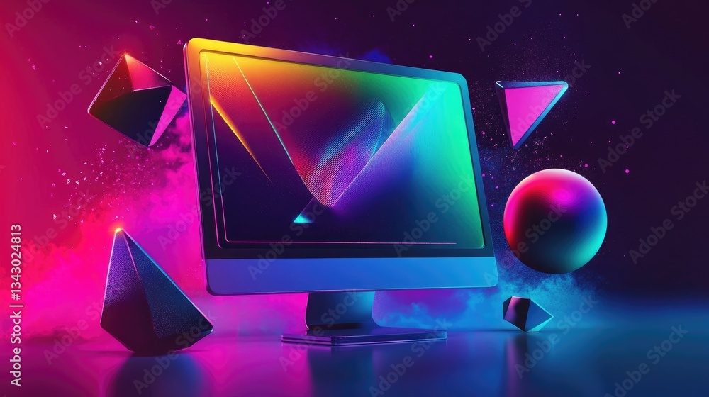 Poster computer-themed logo with a stylized desktop monitor and geometric elements representing digital inn